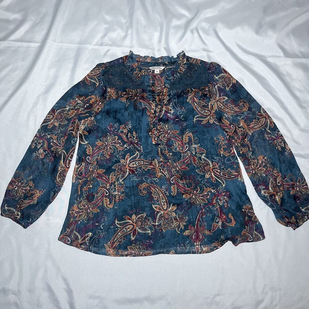 Frye and Co Peasant Top Women L Floral Paisley Ruffle Boho Western Lined Sparkle
